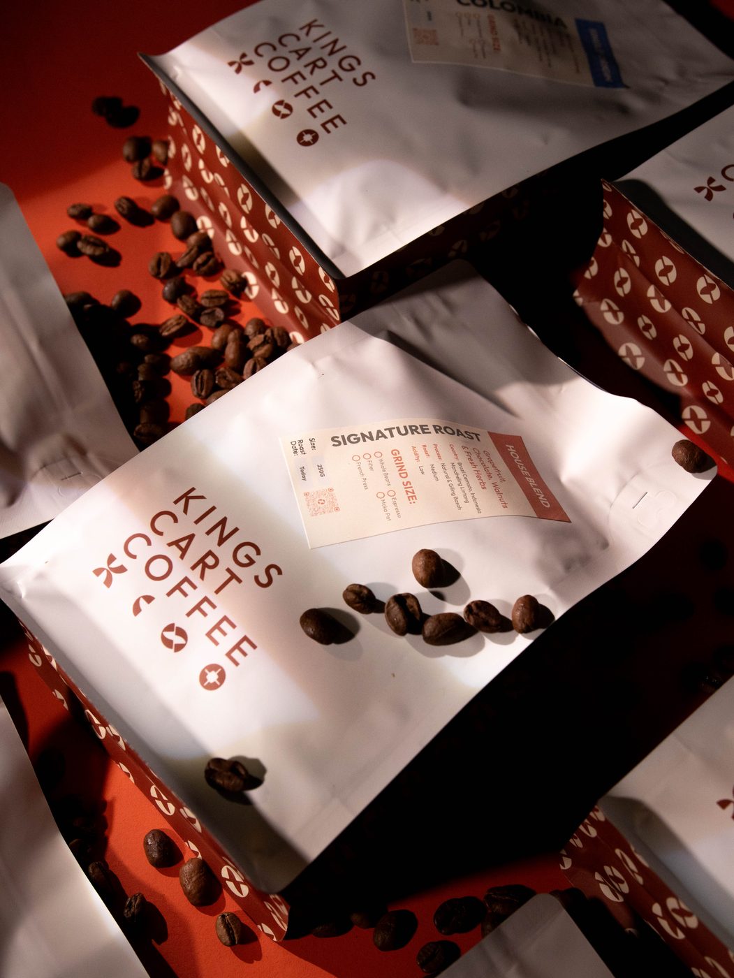 Product photography of Kings Cart Coffee signature roast bags