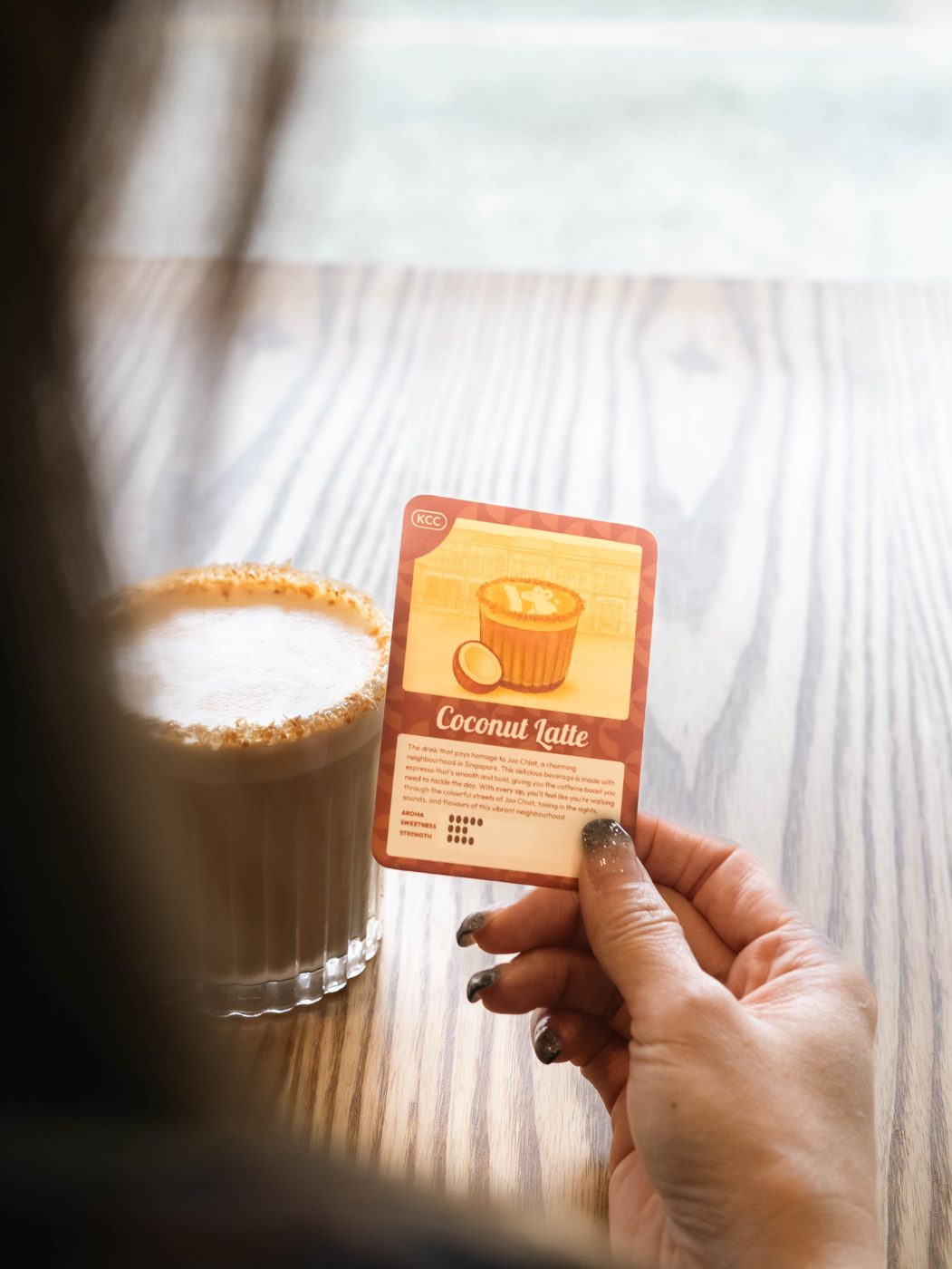 Kings Cart Coffee collectible trading card concept for the coconut latte